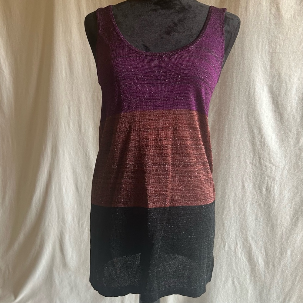 White & Warren Metallic Colorblock Tunic Tank Top Purple Bronze Black Knit Sz M - Picture 2 of 6